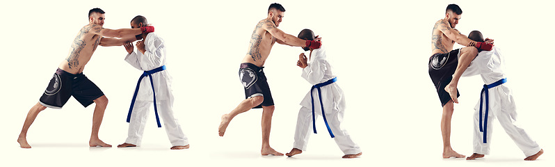 Image showing MMA, karate and male fighters in studio, banner and competition with action on white background. Fitness, exercise and impact sports for martial arts people, combat and composite for training