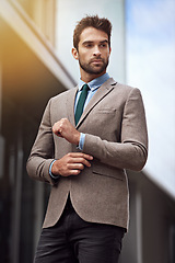 Image showing Professional, corporate and businessman with formal suit for fashion, trendy and elegant style for outdoor. Business person, sales consultant and entrepreneur as career for stylish man in Germany