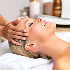 Image showing Woman, hand or massage as spa, wellness or self care in mental health, luxury or sleep retreat. Peace, client or head to relax, oil or glow by beauty, salon or zen in dream cosmetology clinic