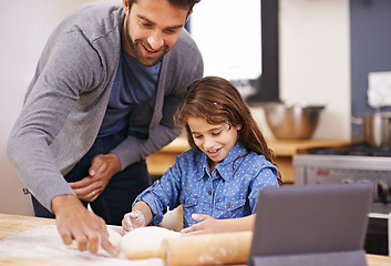 Image showing Pizza, dough and father with child in kitchen and tablet with recipe, guide and learning from online tutorial. Cooking, together and girl help with rolling pin and baking with dad in home for dinner