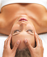 Image showing Closeup, spa or girl in head, massage or self care to relax, wellness or luxury as dream therapy. Mental health, woman or zen in clinic, sleep or salon to sleep on cosmetology, peace or table