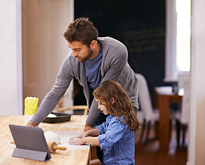 Image showing Cooking, pizza and family in kitchen and tablet for recipe, guide and learning from online tutorial with child. Teaching, baking and girl helping dad with rolling pin in home and together for dinner