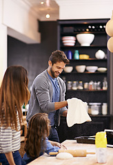 Image showing Child, mother and father with pizza or dough in a kitchen teaching for help, support or learning in home. Family, cooking lesson and girl baking with parents, dad and mom for dinner, supper or lunch