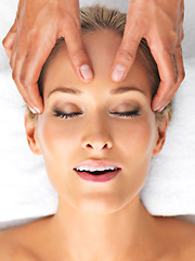 Image showing Closeup, head or massage in luxury, spa or therapy as mental health, self care or relax on retreat. Zen, woman or hand in peace, salon or clinic as balance, cosmetology or breath on vacation