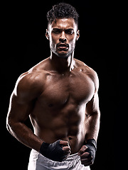 Image showing Fitness, strong and portrait of man with boxing for sport, exercise and workout isolated in black background. Male person, athlete and boxer in studio backdrop for wellness, training and health