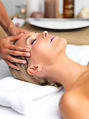 Image showing Woman, head massage or spa as wellness, self care or mental health of skin, cleaning or luxury sleep. Peace, customer or hand to relax, oil or chakra by salon, facial or zen in cosmetology studio