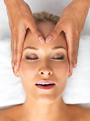 Image showing Closeup, beauty or treatment as head, massage or luxury in spa, therapy or mental heath as self care. Woman, hand or relax on zen, retreat or chakra in peace, clinic or balance of cosmetology breath