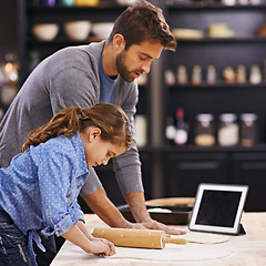 Image showing Pizza, dough and child with father in kitchen and tablet with recipe, guide and learning from online tutorial. Cooking, together and girl help with rolling pin and baking with dad in home for dinner