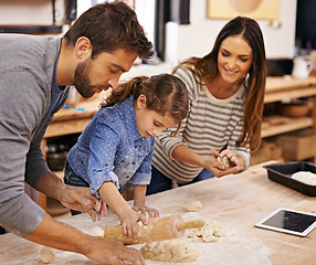 Image showing Pizza, dough and parents with child in kitchen and tablet for recipe, guide and learning together. Family, cooking and girl help with rolling pin and baking with dad and mom in home for dinner