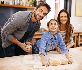 Image showing Happy, family and portrait with child in kitchen, marriage couple and female person baking in home. Father, mama helping make dough with flour on counter, parents or smile with people cook together