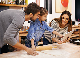 Image showing Family, cooking and learning in kitchen with tablet for recipe, guide and parents reading with child in home. Baking, mom and dad with girl helping to meal prep and talking about pizza and dinner