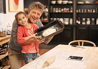 Image showing Portrait, baking and girl with grandfather, kid and excited with ingredients and dough with recipe. Teaching, grandad and child development with skills and bonding together with hobby and activity