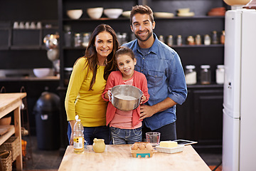 Image showing Parents, kid and portrait for baking with love, ingredients for cake or dessert with support and handmade with care. Mom, dad and girl child together in kitchen for bonding or teaching with affection