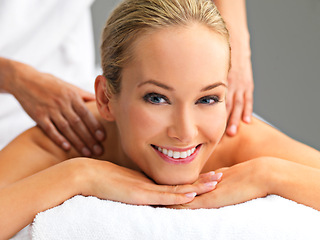 Image showing Relax, portrait and woman with back massage at spa for wellness, health and self care. Calm, zen and happy female person with masseuse for body skin treatment or therapy for relaxing at beauty salon.