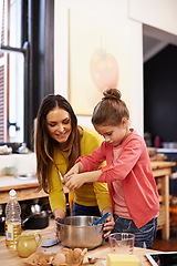 Image showing Teaching, baking and mother with girl, kid and ingredients with skills and bonding together with recipe. Family, mama and daughter in a kitchen, prepare food and hobby with meal, learning and happy