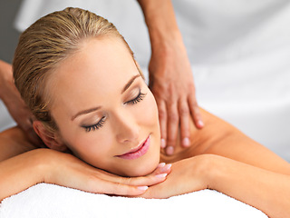Image showing Health, hands and woman with back massage at spa for wellness, relaxing and self care. Calm, zen and happy female person sleeping with masseuse for body skin treatment or therapy at beauty salon.