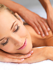 Image showing Relax, hands and woman with back massage at spa for wellness, health and self care. Calm, zen and happy female person sleeping with masseuse for body skin treatment or therapy at beauty salon.