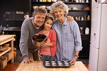 Image showing Portrait, grandparents and girl in a kitchen, baking and ingredients for hobby and bonding together. Face, old man or senior woman with grandkid or child development with recipe, fun or weekend break