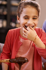 Image showing Portrait, baking and learning with girl, kid and child development with taste and ingredients. Face, home or recipe in a kitchen with snack or spoon with chocolate or food with fun, activity or hobby