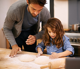 Image showing Pizza, dough and child with father in kitchen and teaching recipe, guide and learning to meal prep food. Cooking, together and girl helping with rolling pin and baking with dad in home for dinner