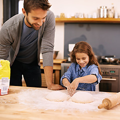 Image showing Father, happy and child hands baking, helping and dough with flour on counter table, parent and kid together and smile. Family home, cooking activity and fun bonding for meal preparation in kitchen