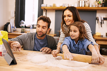Image showing Family, cooking and learning in kitchen with tablet for recipe, guide and parents with child in home. Baking, mom and dad helping girl with rolling pin and reading about pizza, dinner or meal prep