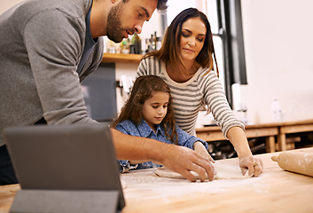 Image showing Learning, cooking and family in kitchen with tablet for recipe, guide and mom and dad with child in home. Baking, pizza and parents helping girl with rolling pin and talking about dinner meal prep