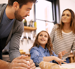 Image showing Pizza, dough and parents with child in kitchen teaching a recipe for help, support or learning in home. Family, cooking lesson and girl baking with advice, dad and mom for dinner, supper or lunch