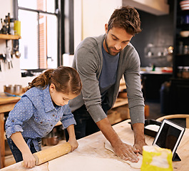 Image showing Pizza, dough and father with child in kitchen and tablet with recipe, guide and learning from online tutorial. Cooking, together and girl help with rolling pin and baking with dad in home for dinner