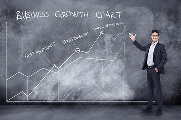 Image showing Blackboard, idea and portrait of businessman with presentation, data and graphs for business analysis on mockup space. Corporate worker, employee and leader with analytics, diagram and chalkboard