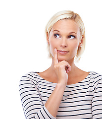 Image showing Thinking, idea and woman in studio for brainstorming solution isolated on a white background. Problem solving, inspiration and blonde person with question, decision or dream of planning future vision