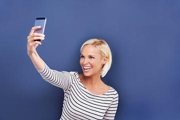 Image showing Woman, smile or selfie in social media, update or post on creative, internet or app as memory. Happy, viral or influencer in fun, confident or vision of proud, online or idea on technology mockup