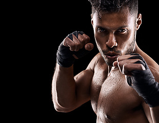 Image showing Body, fitness or portrait of man boxer in studio for power, resilience and training on black background. Fighter, face by kickboxing male at gym for wellness, energy or exercise, workout or match