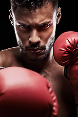 Image showing Portrait, boxing gloves and face for male boxer, studio and athlete on black background. Dark, training and combat sports or MMA for man model, workout, muscle and impact activity for martial arts