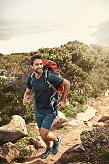 Image showing Man, hiking and happy for fitness, health and wellness with back and mountain. Athlete, exercise and adventure with summer, sunshine and backpack journey on cape town trail with travel and vacation