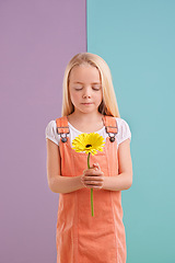 Image showing Fashion, flower and child with wish in studio with cute, trendy and casual dress for outfit. Sweet, gift and young girl kid with hope, style and yellow floral plant by color block background.