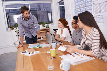 Image showing Coworkers, business people and meeting in conference room for teamwork, collaboration or idea. Office, creative company and diversity group of employees together for discussion, planning and laptop