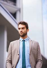 Image showing Businessman, thinking and planning for career or job, corporate and entrepreneur outside. Business person, professional and outdoor for fresh air, sales consultant and idea for startup project