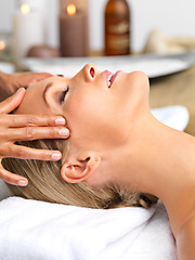 Image showing Woman, head massage or relax in luxury, spa or wellness as self care in mental health sleep retreat. Peace, client or hand to oil, healing or dream at beauty, salon or table in zen cosmetology clinic