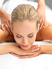 Image showing Relax, happy and woman with back massage at spa for wellness, health and self care. Calm, zen and female person sleeping with masseuse for body skin treatment or therapy at beauty salon at resort.