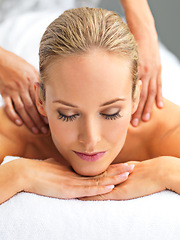 Image showing Self care, hands and woman with back massage at spa for wellness, health and relaxing. Calm, zen and happy female person sleeping for body skin treatment or therapy at beauty salon at resort.