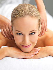 Image showing Relax, hands and portrait of woman with back massage at spa for wellness, health and self care. Calm, zen and happy female person with masseuse for body skin treatment or therapy at beauty salon.