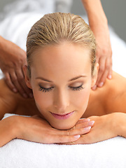 Image showing Relax, zen and woman with back massage at spa for wellness, health and self care. Sleeping, peace and happy female person with masseuse for body skin treatment or therapy at calm beauty salon.