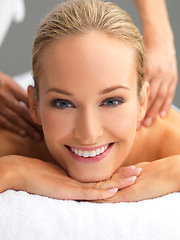 Image showing Relax, spa and portrait of woman with back massage for wellness, health and self care. Calm, zen and happy female person with masseuse for body skin treatment or therapy for relaxing at beauty salon.