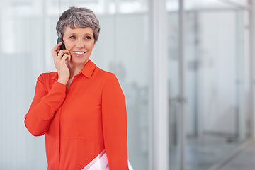 Image showing Mature, businesswoman and office and phone call on smartphone, network technology for communication. Career development, negotiation and conversation, professional work and happy female person