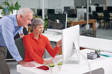 Image showing Computer, team and mature business people in discussion, planning or brainstorming training in office together. Manager, man and woman in collaboration on desktop for project of financial consultants