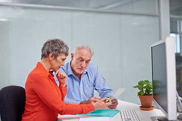 Image showing Documents, discussion and senior woman with financial advisor planning for pension fund in office. Conversation, paperwork and elderly female person with finance consultant for retirement savings.