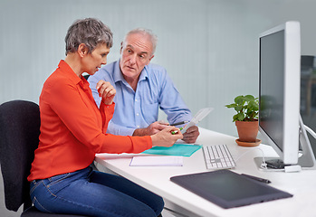 Image showing Paperwork, discussion and senior woman with financial advisor in planning for pension fund in office. Conversation, documents and elderly female person with finance consultant for retirement savings.