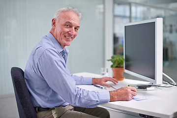 Image showing Senior, businessman and computer for portrait at desk, worker or internet technology in office for digital job. Professional male person, online for corporate career, happy employee in workplace