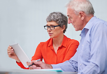 Image showing Tablet, discussion and business people in office with research for company finance budget. Conversation, collaboration and financial advisors working on digital technology for project in workplace.